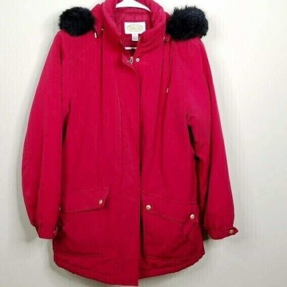 Talbots Womens Jacket‎ Size Small Red Removable Faux Fur Trimmed Hood